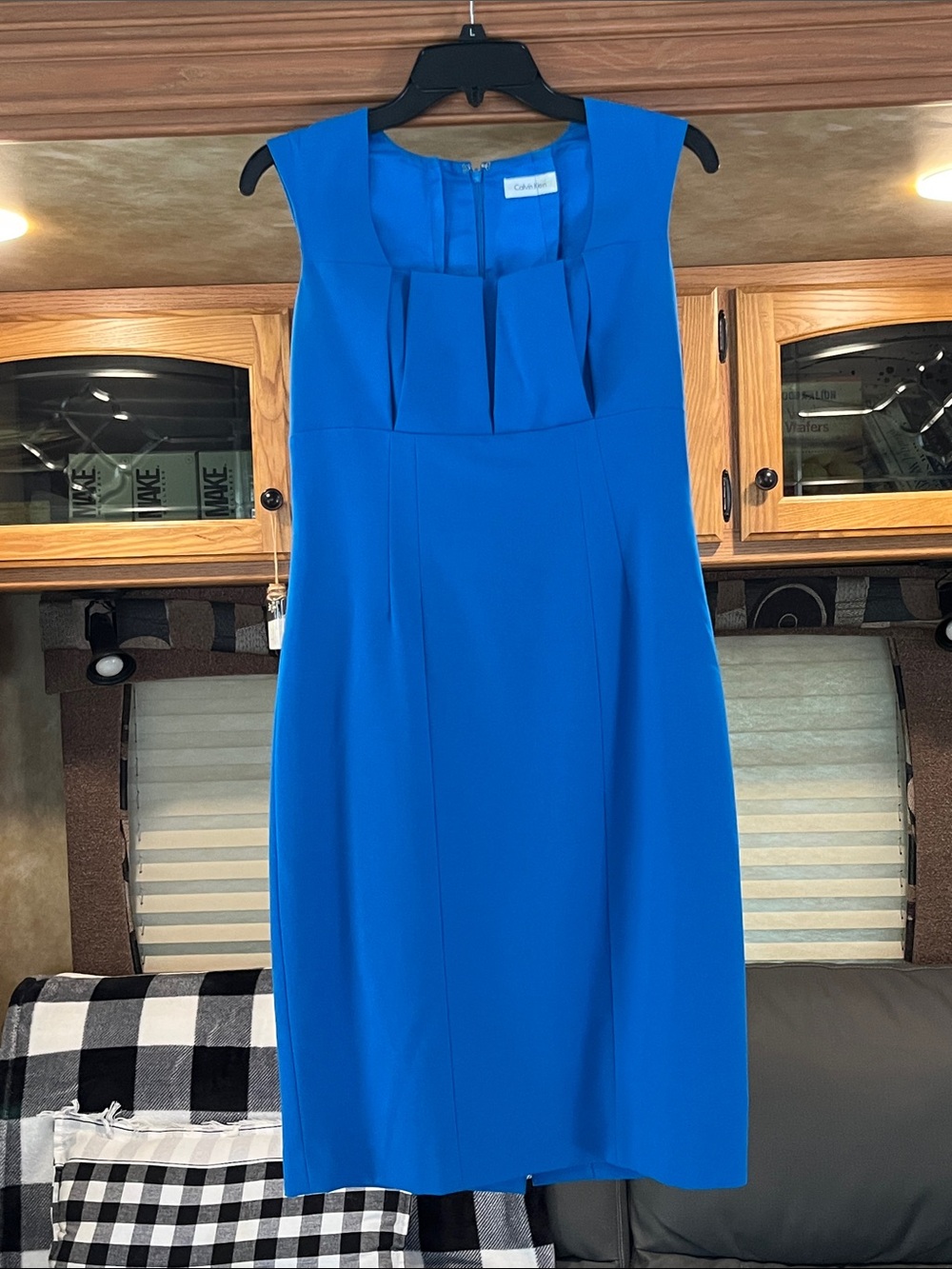 Calvin Klein Bright Blue Pleated Neck Sheath Dress